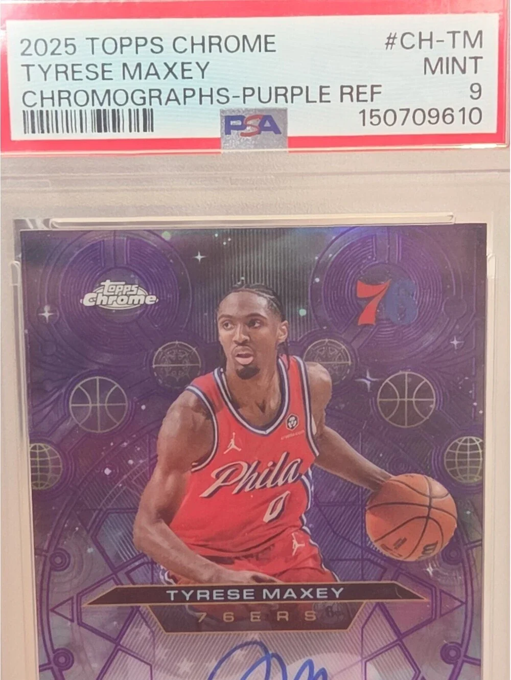 2025-26 Chrome PSA 9 Tyrese Maxey Chromographs 43/75 On Card Auto 76ers #CH-TM